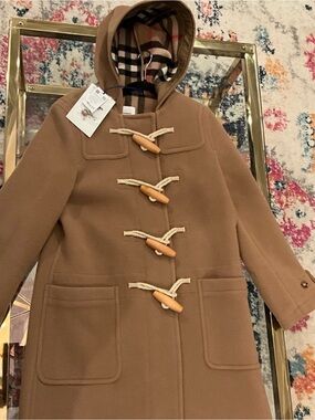 BurberryCamel Toggle Duffle Coat with Plaid Hood Lining